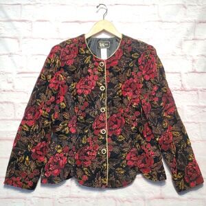 R&K Evenings Jacket Womens 14 Black Red Gold Floral Velvet Brocade Holiday Retro